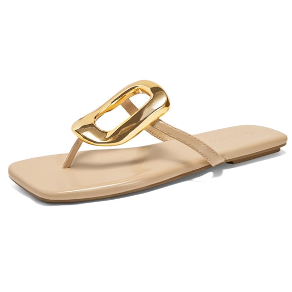 Womens Flat Sandals Comfortable Flip Flops Slide Sandals Summer Beach Shoes with Metal Decoration
