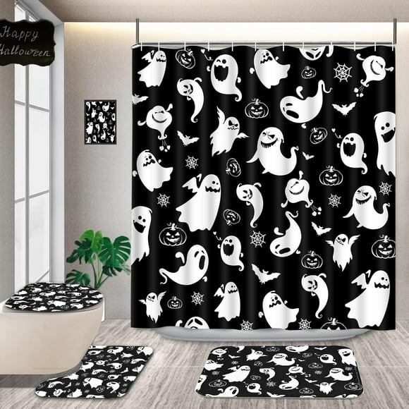 FRAMICS Halloween Ghost Shower Curtain Sets with Rugs, 16 Pc Cute Pumpkin Bat Bathroom Sets, Black White Waterproof Fabric Bathroom Curtain Decor with Hooks