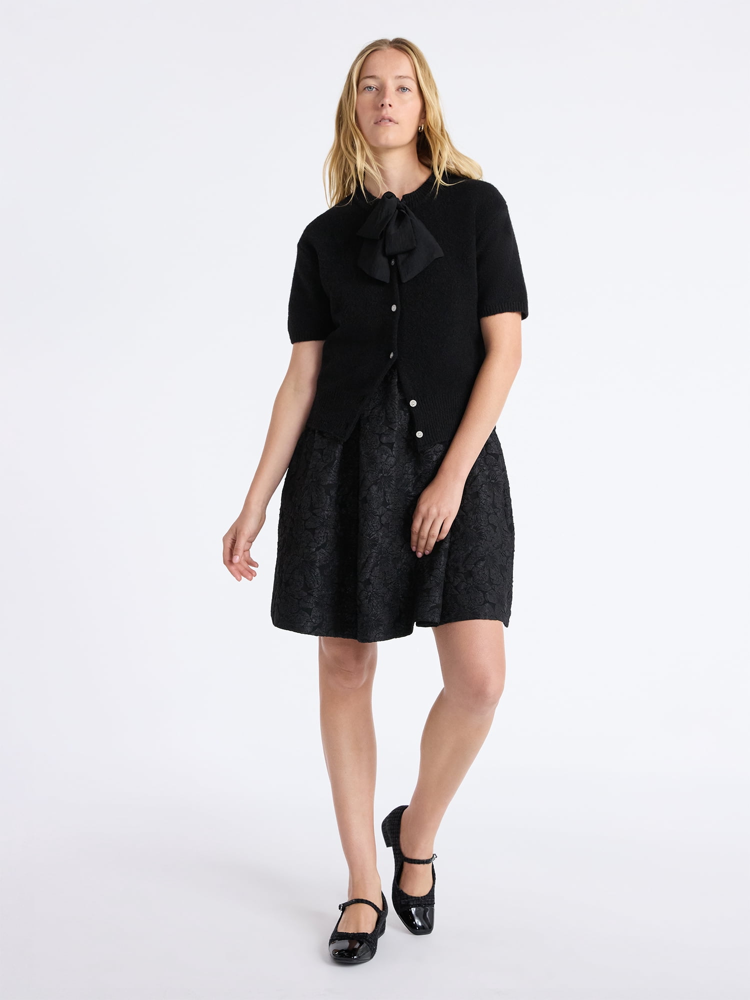 Free Assembly Women's Button-Front Bow Sweater with Short Sleeves, Midweight, Sizes XS-XXL