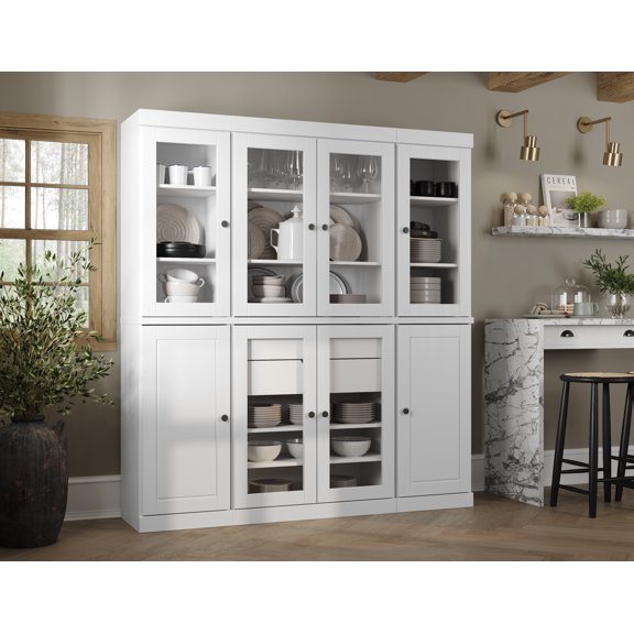 100% Solid Wood Kitchen Pantry Storage Cabinet with Solid, Glass Doors, Adjustable Shelves and 2-Drawers, White China Cabinet