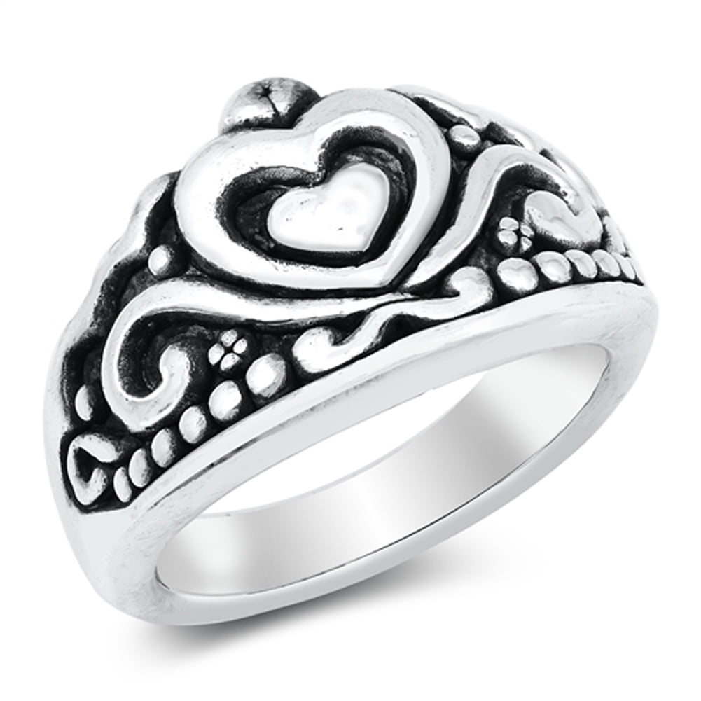Beautiful Elegant Oxidized Promise Heart Filigree Swirl Ring .925 Sterling Silver Band Female Size 10