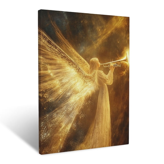 CozyNet Angel Blowing A Glowing Trumpet, Radiant Beams Of Light Spreading Across The Heavens Wall Art Prints With Frame Canvas Perfect for Living Room & Bedroom, Ready to Hang, Wall Decor 12"x16"