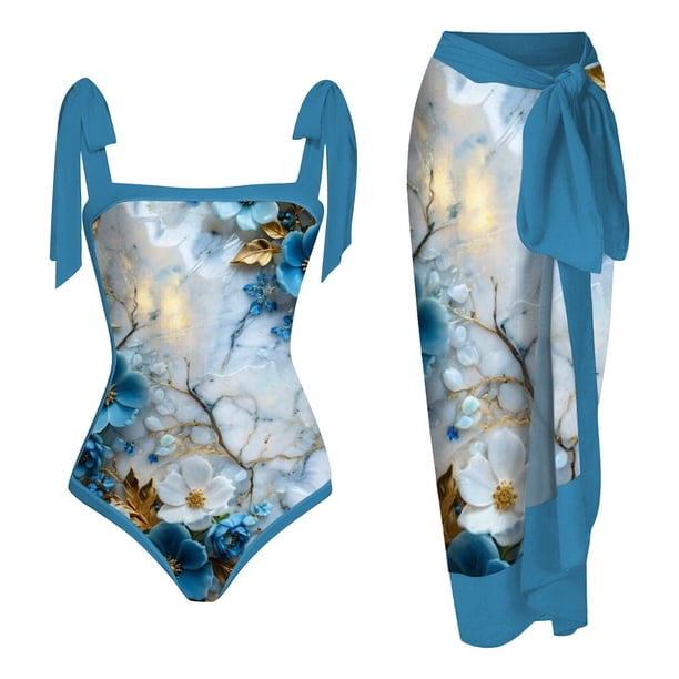 MKLEKYY Trajes De Baño Mujer Completo Women 1 Piece Swimwear+1 Piece Cover Up Two Piece Vintage Print Swimsuit Monokini Bikini 2 Piece Swimsuits Two Piece Tankini Set 795