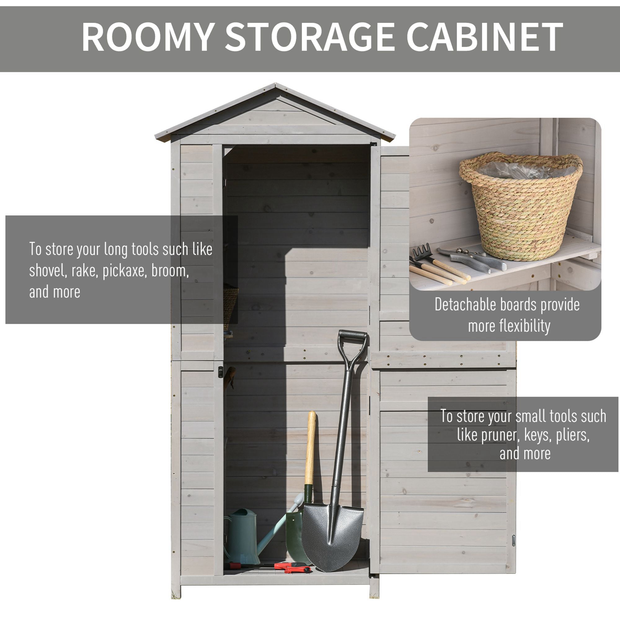 Outsunny 36" x 25" x 79" Wooden Storage Shed Cabinet, Outdoor Tool Shed Organizer with 4-Tier, 3 Shelves with Handle Tin Roof Magnetic Latch Foot Pad, Light Grey