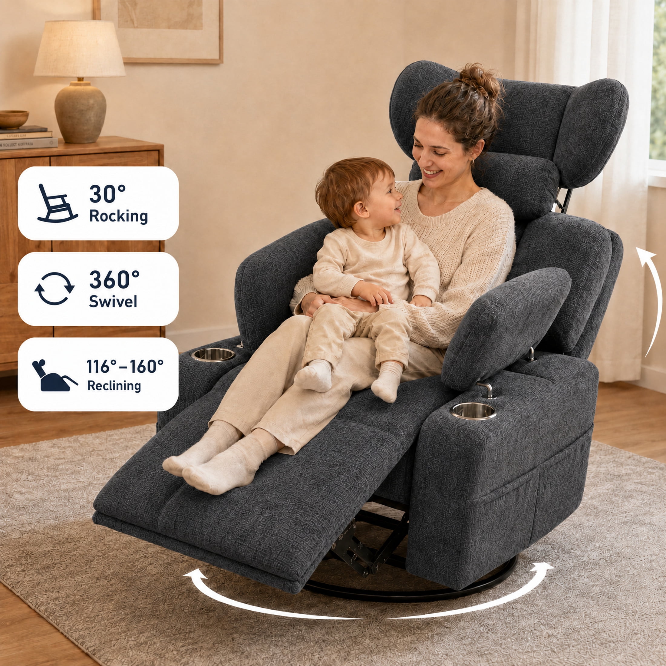 GDF Studio Turden 360° Swivel Manual Rocking Recliner with Detachable Neck Pillow, Versatile Lounge Chair, Dark Gray
