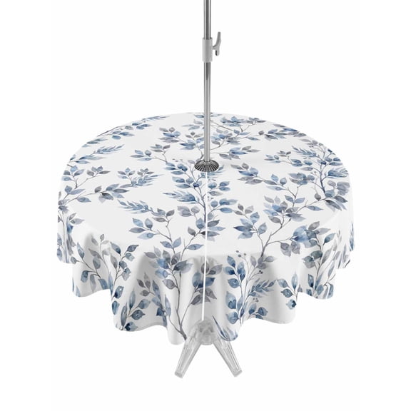 Outdoor Tablecloth with Umbrella Hole for Patio/Picnic/Party/Camping, Blue Leaves Waterproof Table Cloth Round Cover Washable, Summer Botanical Elegant Pastoral (Dia 60")