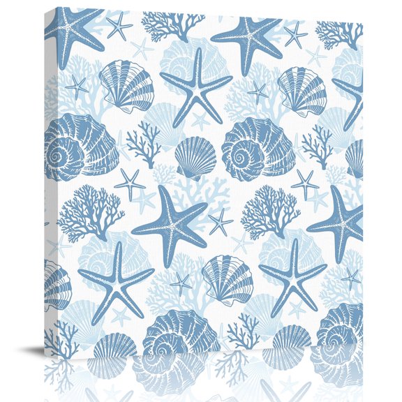 Framed Canvas Wall Art for Living Room Blue Coastal Starfish Shell Conch Wall Decor, Marine Life Aesthetic Paintings for Bedroom Office Kitchen Bathroom, Ready to Hang Artwork Wall Pictures 8x8 Inch