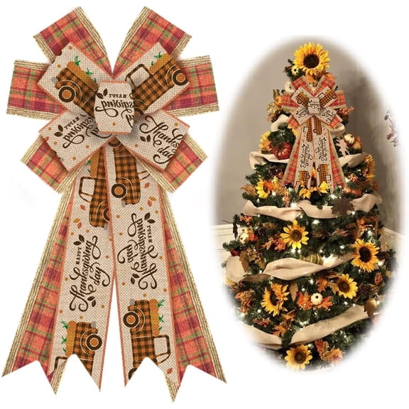 Hsomely Large Fall Bows for Wreath, Orange Buffalo Plaid Thanksgiving Truck Harvest Bow, Farmhouse Burlap Tree Topper for Indoor Outdoor Decor