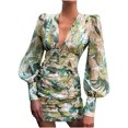 thumbnail image 1 of CEHVOM Femmes Sexy Casual Print Robe V-Cou à Manches Longues Mini Robe, 1 of 5