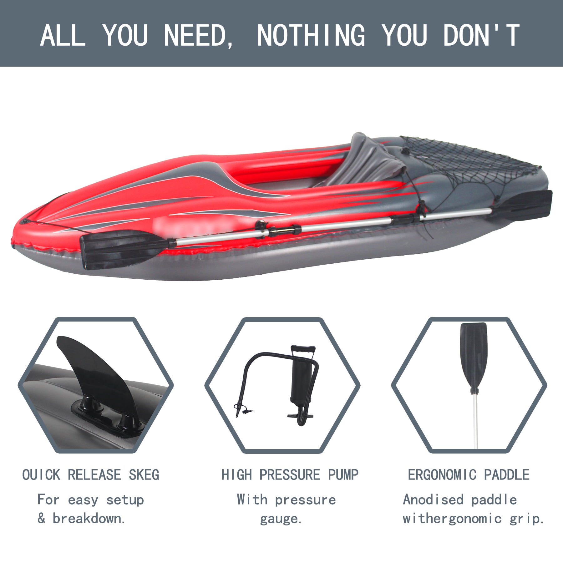 Inflatable Kayak 1 Person Adult Canoe with Adjustable Seat, Aluminum Oars & Hand Pump, Red
