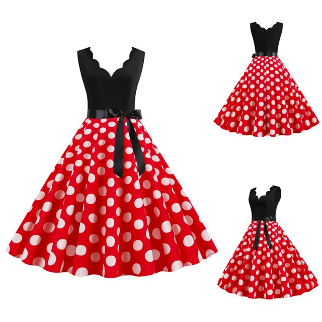 Kcodviy Robes d'Anniversaire Vintage d'Été à Pois pour Femmes Grande Taille pour Femmes Imprimé Sans Manches Décontracté Soirée Formel Robes Perlées pour Femmes Grande Taille Robe de Fête Bal