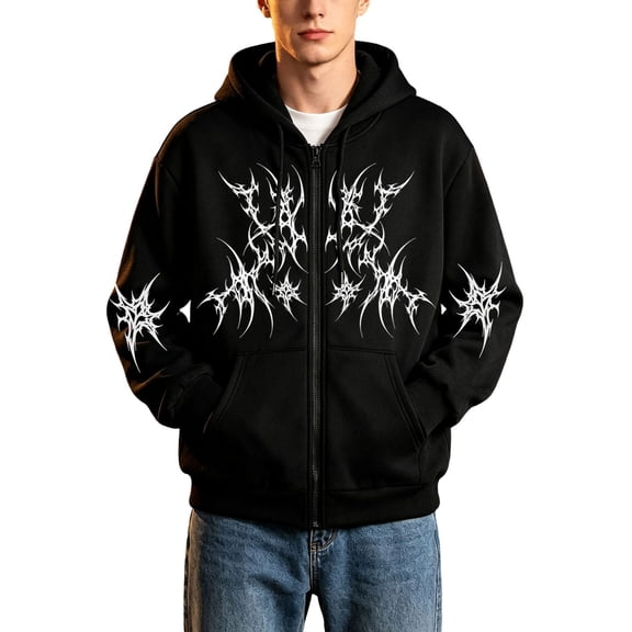 Telankuip Mens Y2k Zip up Oversized Hoodies Retro Gothic Graphic Baggy Full Zipper Hooded Sweatshirt Jackets Fall Winter Long Sleeve Lined Warm Outerwear Halloween Outfit Black XL