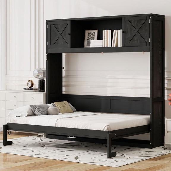 Newest Full Size Murphy Bed with Storage Cabinets, Black