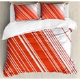 thumbnail image 1 of Candy Cane Queen Size Duvet Cover Set, Diagonal Barcode Patterned Lines on White Background Abstract Geometric Design, Decorative 3 Piece Bedding Set with 2 Pillow Shams, Red White, by Ambesonne, 1 of 3