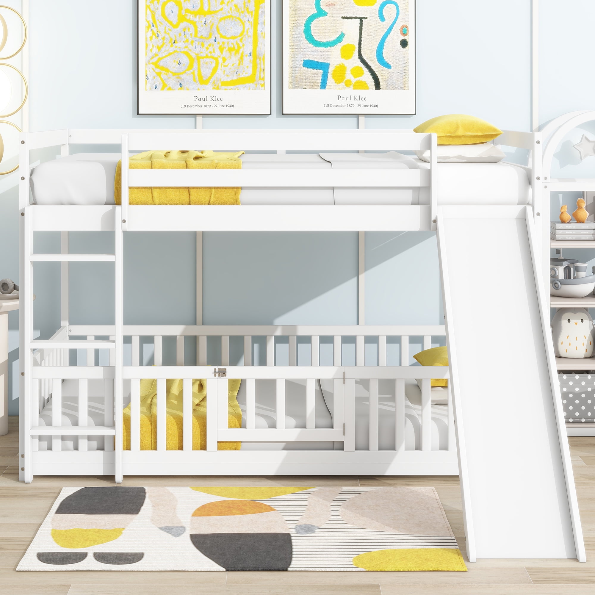 Euroco Twin over Twin Bunk Bed with Slide, Convertible Lower Bed with Guardrails for Kids Teens, White