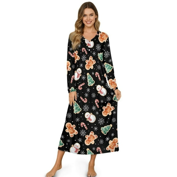 Tutolipy Christmas Nightgowns for Women Snowman Snowflake Printed Sleepwear Comfy Night Dress Full Length Loungewear for Home, S