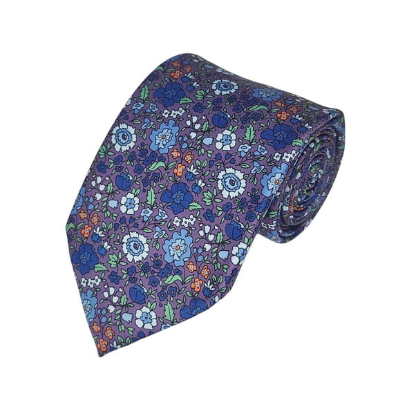 ROMARIO MANZINI Blue, White Floral on Purple PRINTED DESIGN TIE