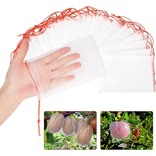 100 bolsas de protección de frutas de 6.0 x 4.0 in, bolsas de red de jardín con cordón, bolsas de red de frutas, bolsas de árboles frutales, bolsas de barrera de red para proteger frutas y verduras