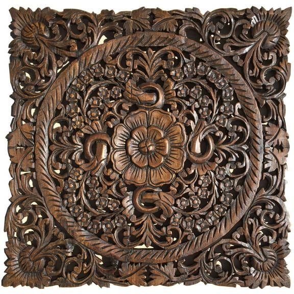 Asian Wood Wall Plaques. Wall Sculptures. Large Wood Wall Hangings. Floral Design. Rustic Wall Decor. 24" Square Color Options Available