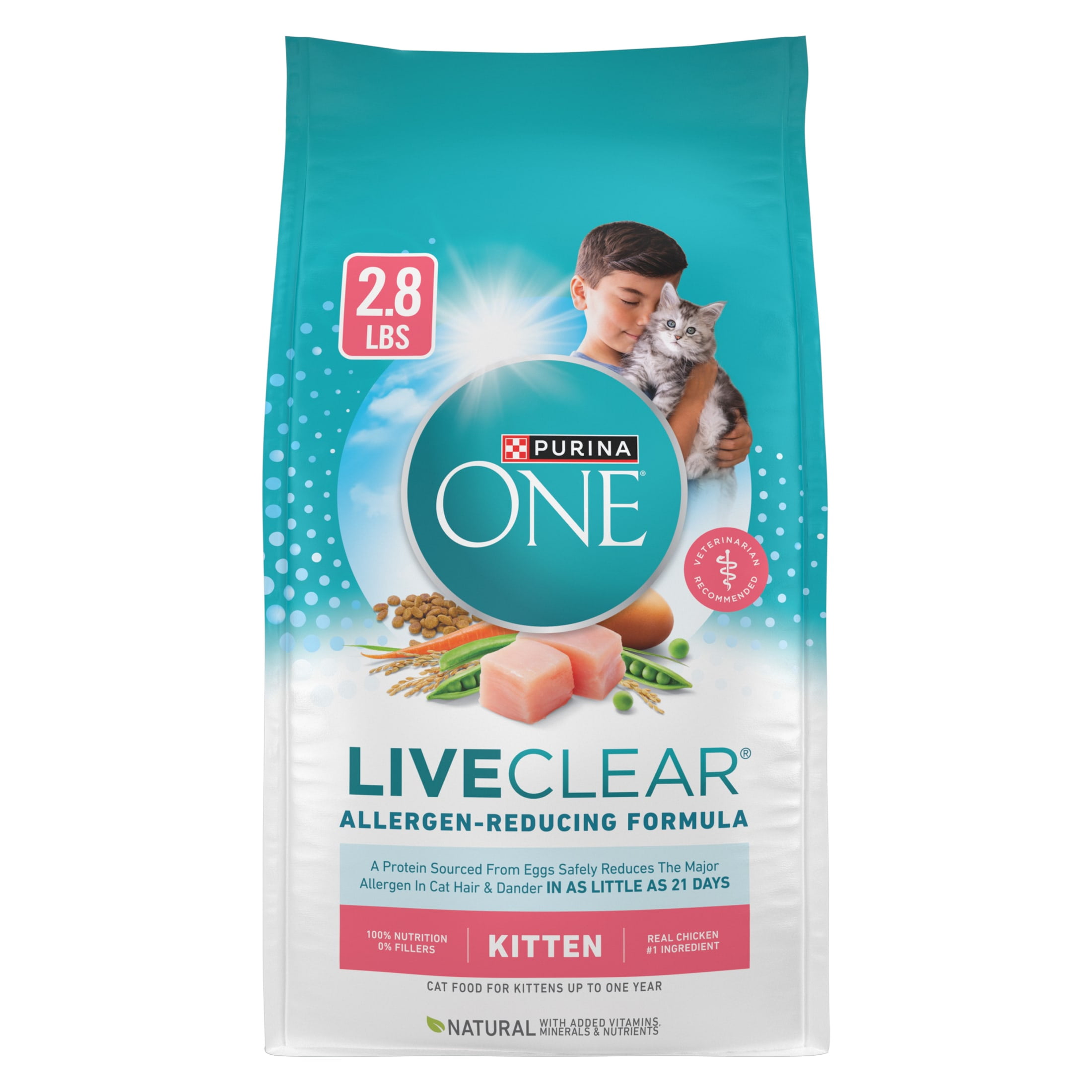 (4 pack) Purine ONE LiveClear Allergen-Reducing Dry Kitten Food Formula with Real Chicken as the Number One Ingredient, 2.8 lb Bag