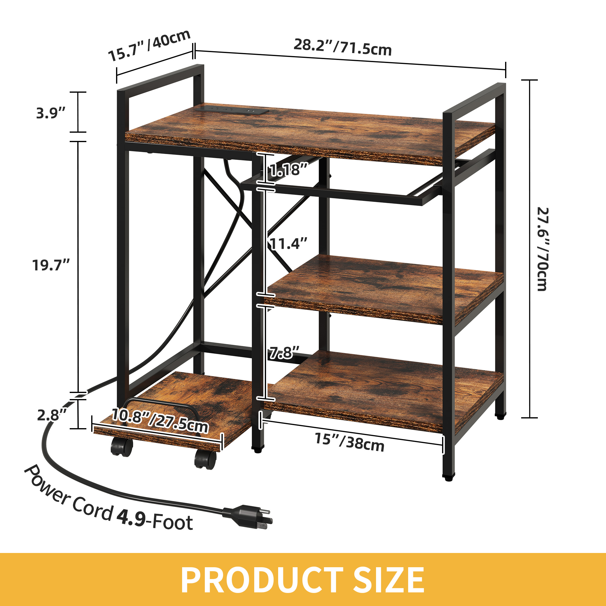 Craftian 3-Tier Printer Stand with Storage & Charging Station, File Organizer Cabinet with Open Shelves, Rolling Printer Desk Stand, Multi-Functional Home Printer Stand for Home Office, Brown