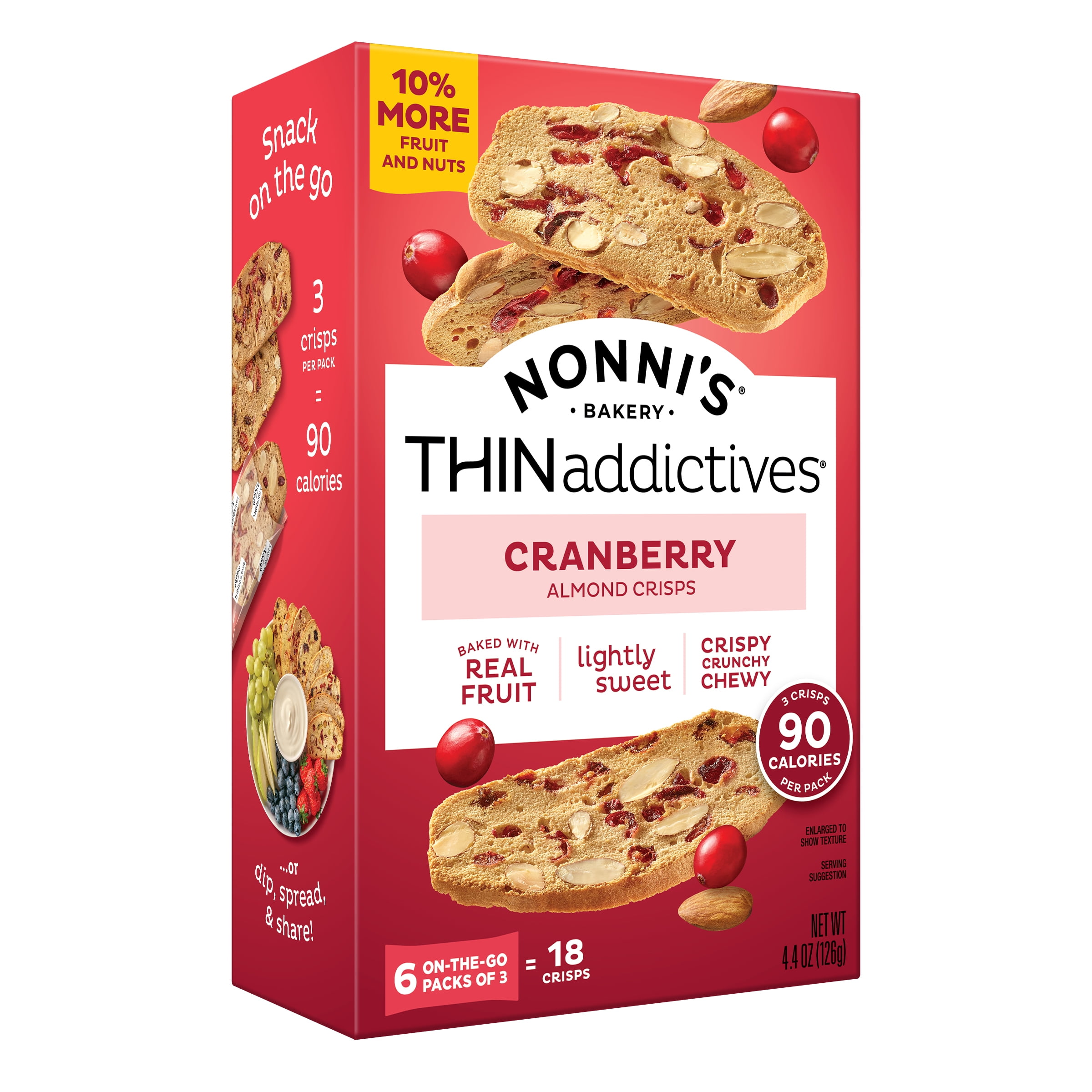 (3 pack) Nonni's THINaddictives Cranberry Almond Thin Cookies, 18 Count - 6 packs of 3 Cookies, 4.4 oz. Individually Wrapped. Artisan Baked.