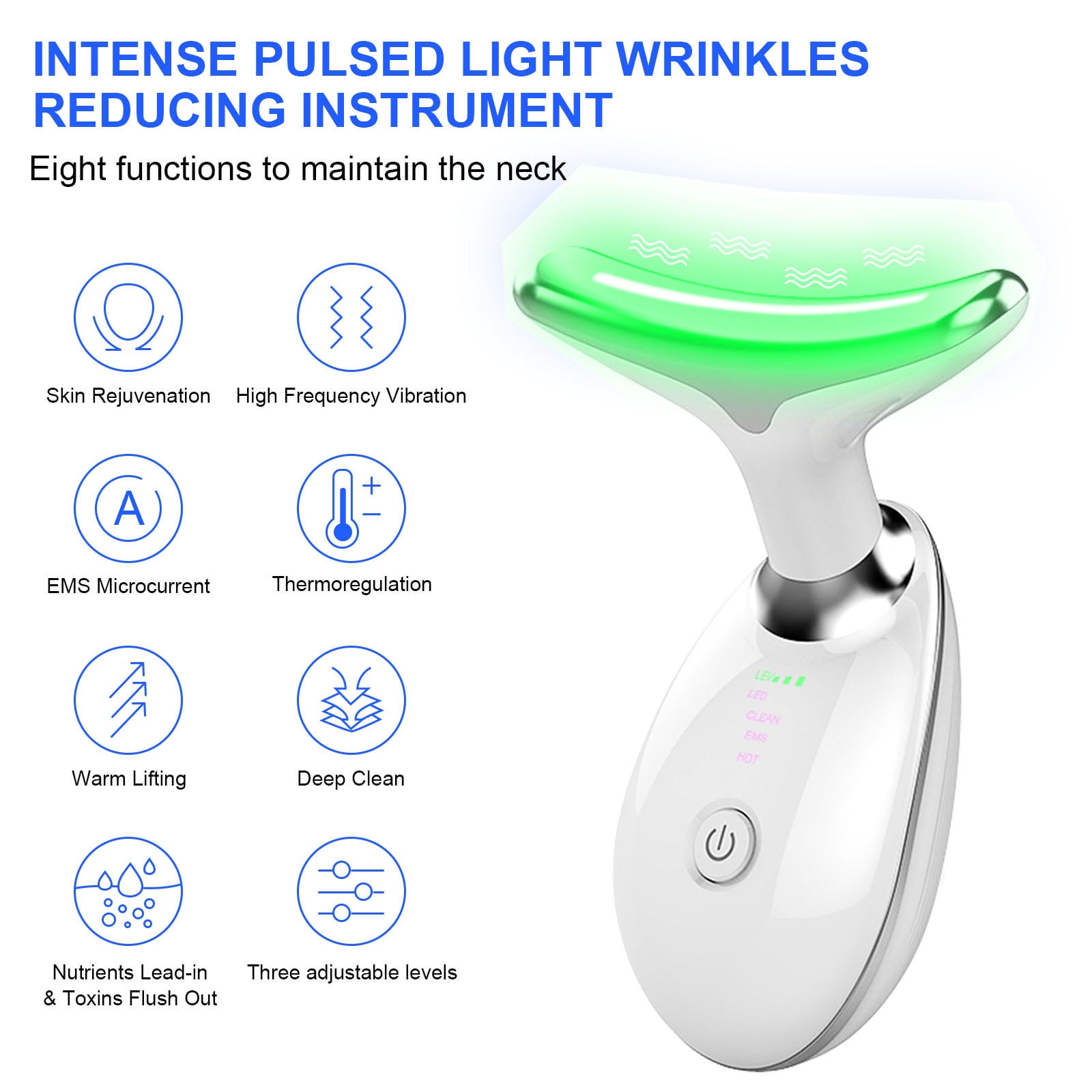 Neck Beauty Device,Face Neck Massager for Warming Lift,Skin Rejuvenation and Firming Lines,Clean/EMS/Heat/Sonic-Vibration Functions (White)