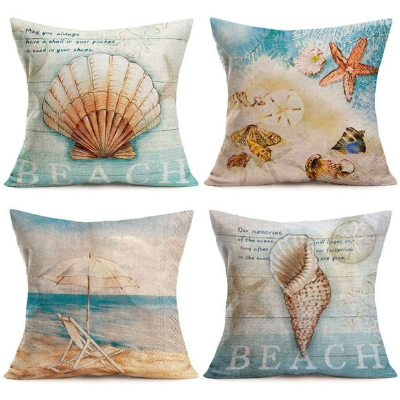 HTOOQ Ocean Pillow Covers 18x18 Inch Set of 4 Cotton Linen Summer Vintage Ocean Park Theme Beach Starfish Conch Shell Pillow Cases Marine Outdoor Decorative Pillowcase for Home Sofa (OB)