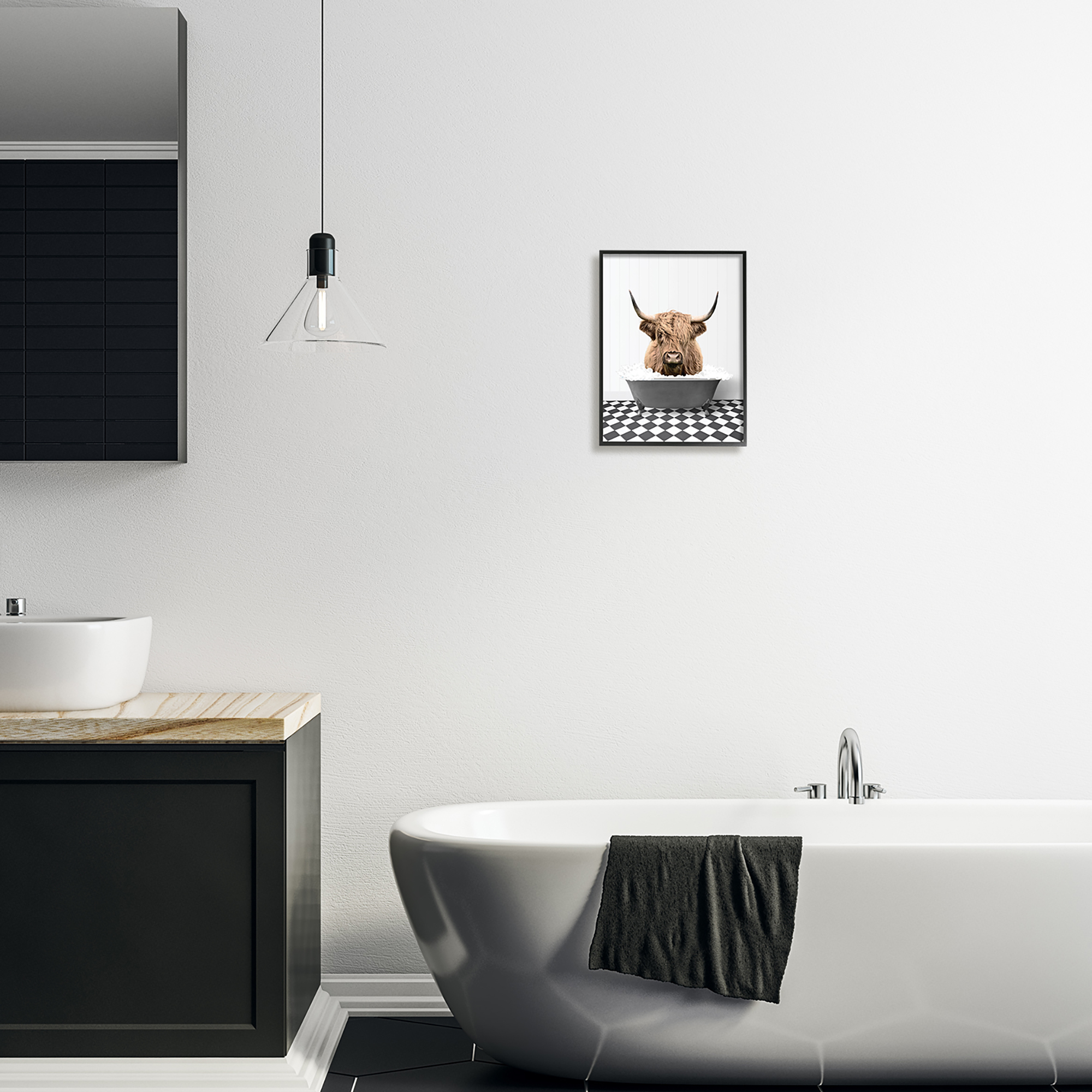 Stupell Industries Cattle in Checkered Bathroom Animals & Insects Painting Black Framed Art Print Wall Art, 11 x 14