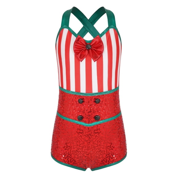 Zaldita Kids Girls Christmas Striped Leotards Candy Cane Sleeveless Unitard Jumpsuit Performance Red 8