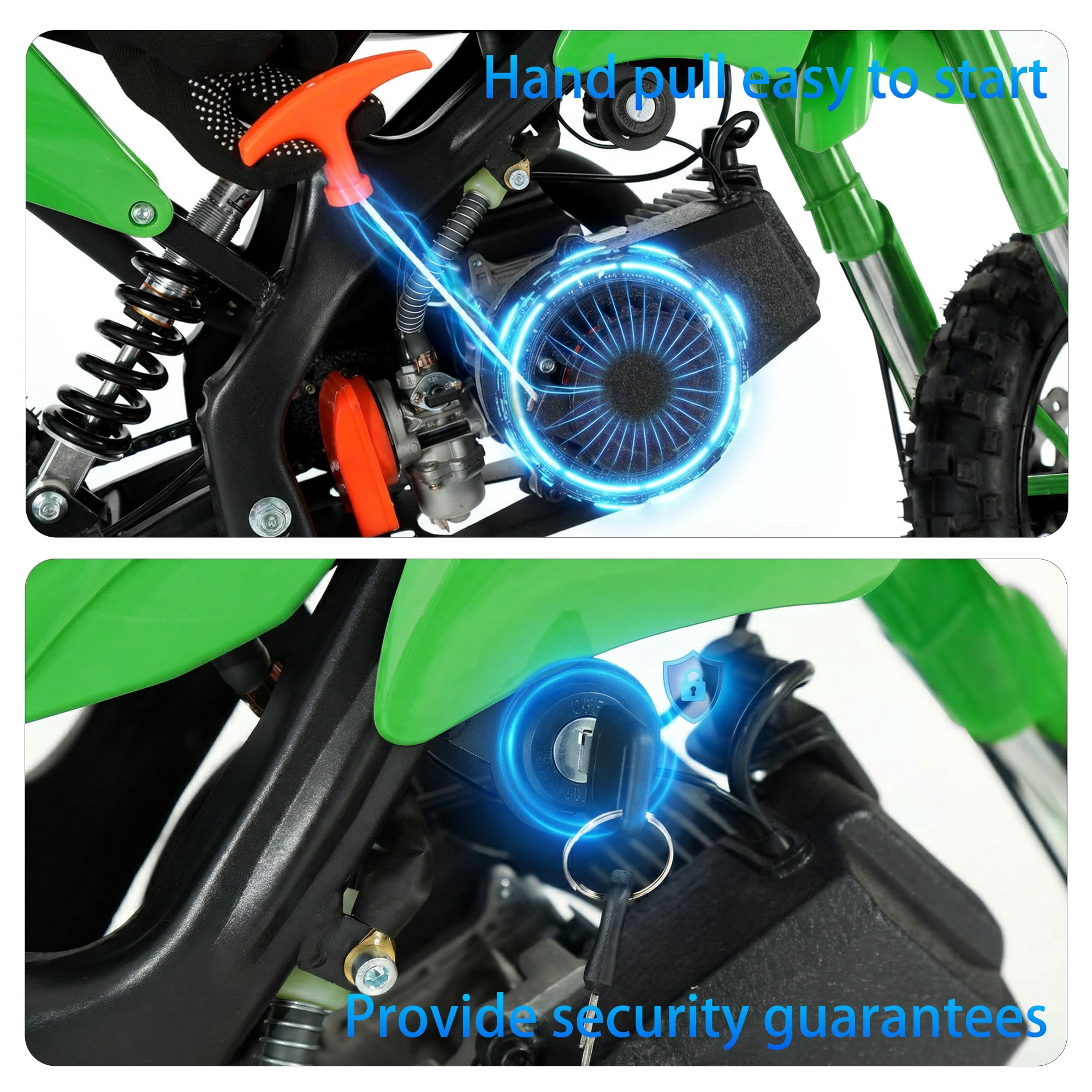 FONA 49cc Kids Dirt Bike 2-Stroke, 25MPH Mini Motorcycle for Ages 8–12, Dual Disc Brakes, Stable Suspension, Off-Road Tires, Soft Seat Green
