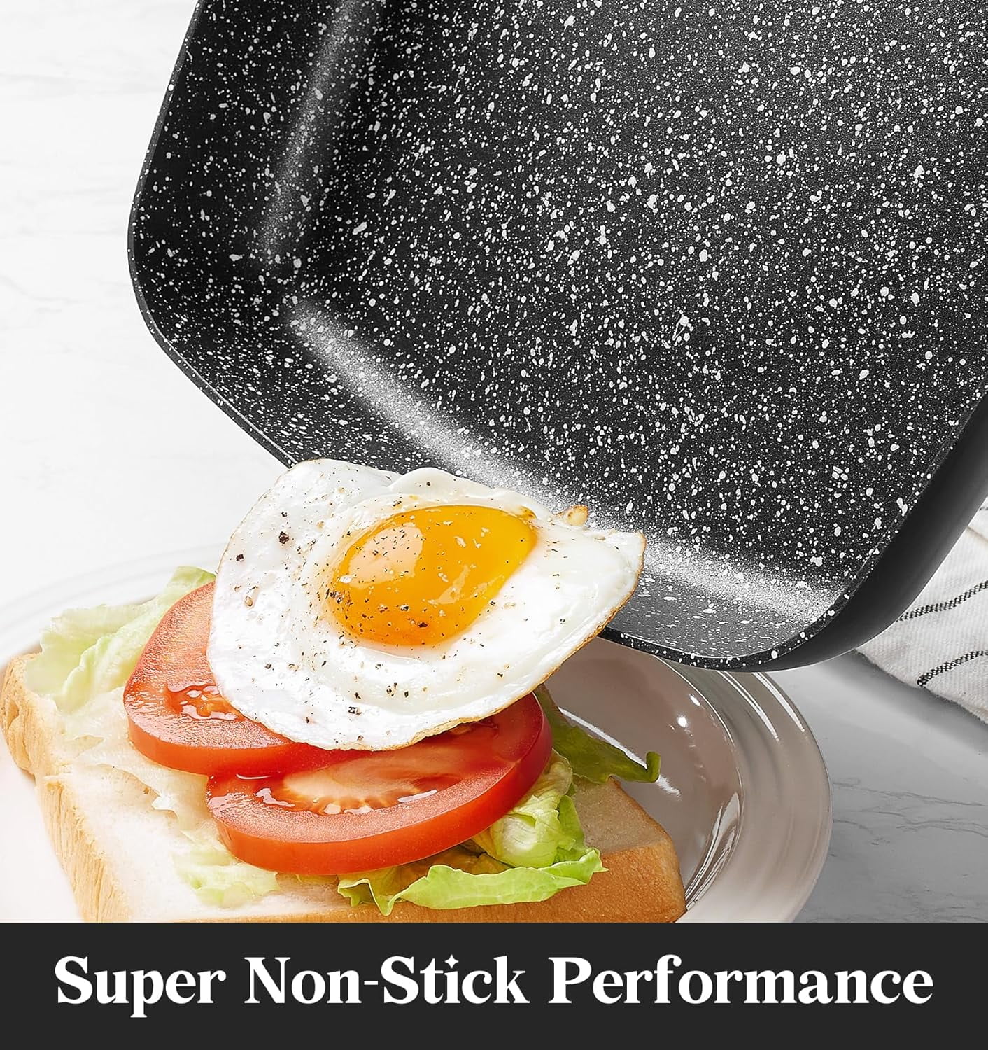 Koch Systeme CS 11 Inch Nonstick Grill Pan with Bakelite Handle, Marble Coating Square Grill Skillet with Lid, Fry Pan Compatible with all Stoves, Black