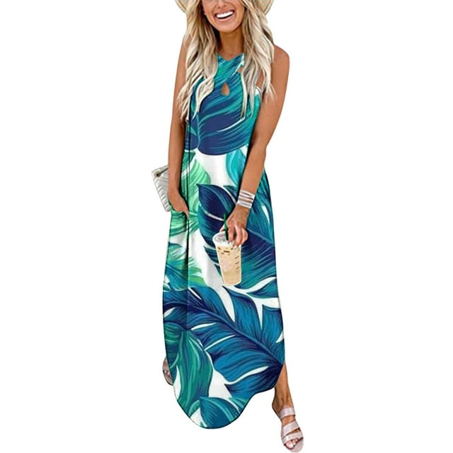SMihono Robe Maxi Bohème d'Été pour Femmes Grande Taille Robe Longue Imprimée Sans Manches à Encolure Croisée devant Robe de Plage Évasée