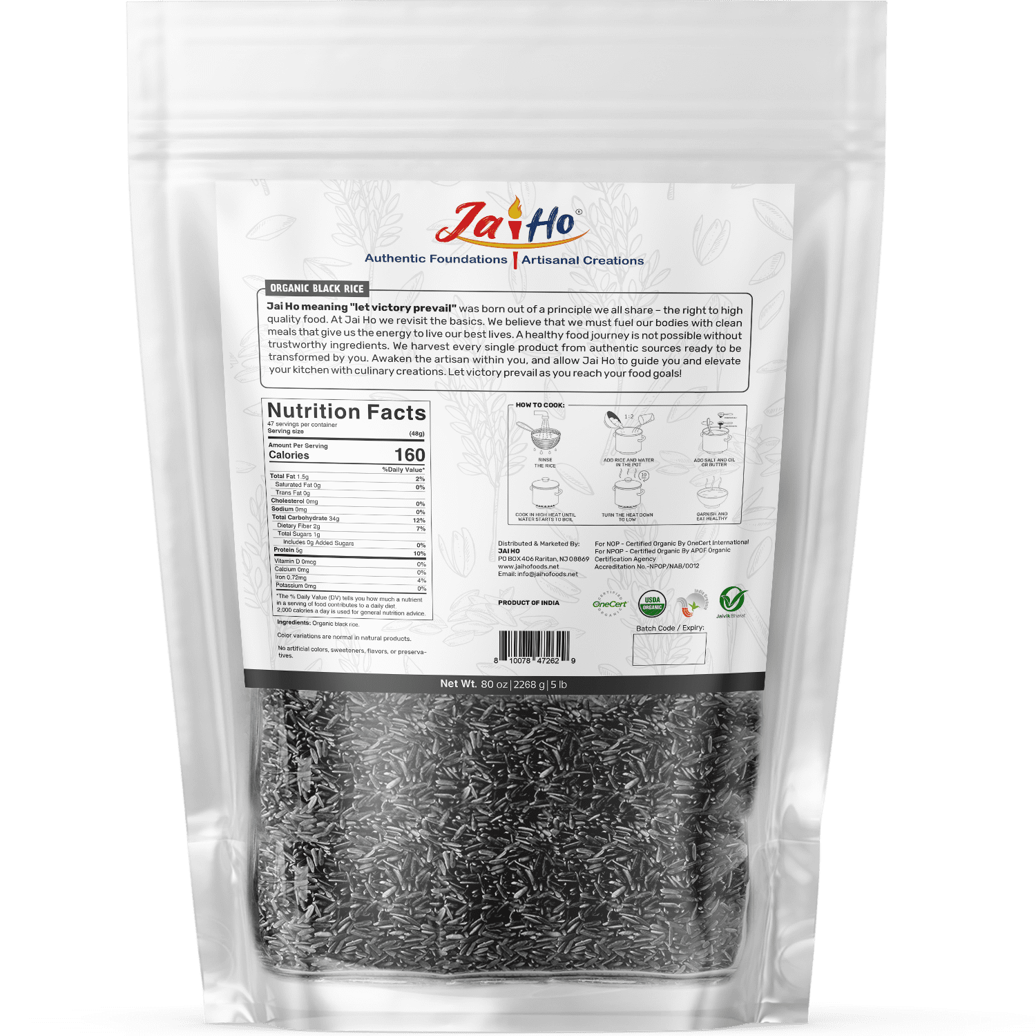 Jai Ho Certified Organic Black Rice 5 LB - Gluten Free, Vegan, Non-GMO - Resealable Zip Lock Pouch (Black Rice)