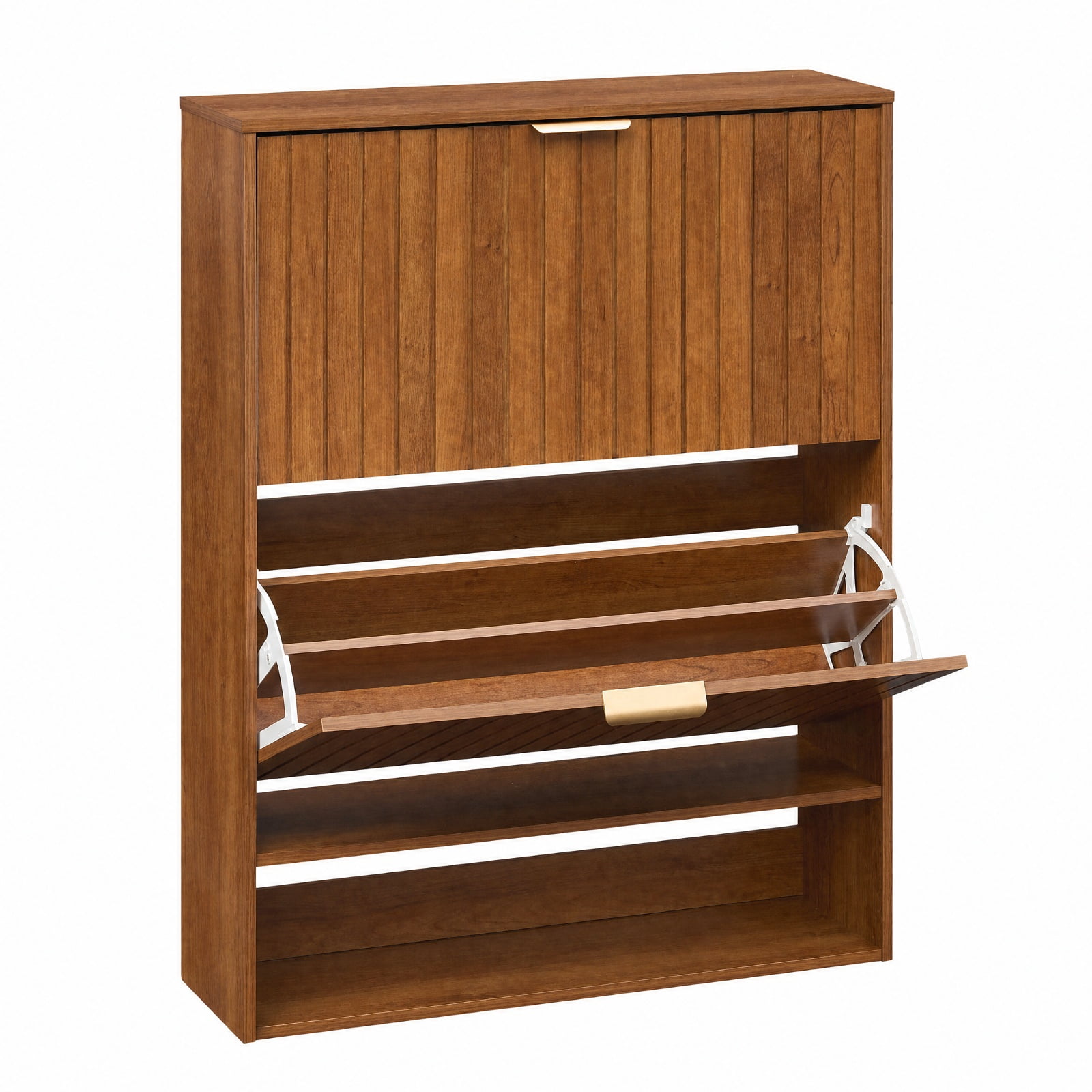 Furnibear Fluted Hidden Shoe Cabinet with 2 Flip Drawers and Open Storage for Narrow Entryway Hallway and Foyer Spaces, Walnut