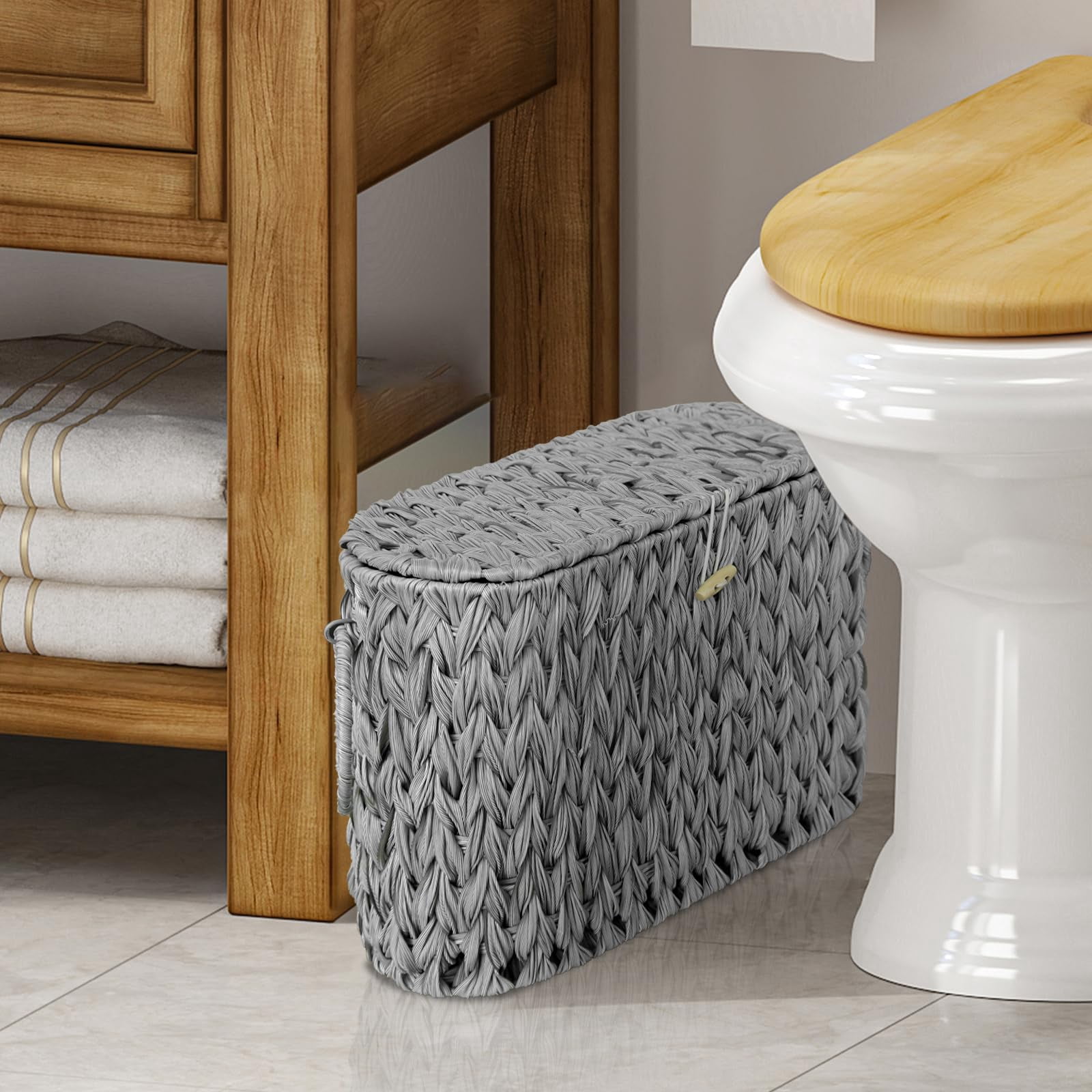 Toilet Paper Storage Basket With Lid Wicker Holder Stand Narrow Decorative Woven Bathroom Organizer Free Standing Grey