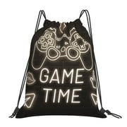 TEQUAN Drawstring Backpack Sports Gym Sackpack, Retro Gamepad Game Time Prints Polyester Water Resistant String Bag for Women Men