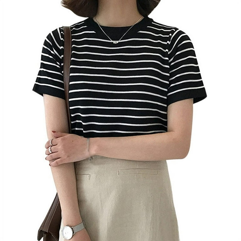 JANDEL Women's Korean Style Casual O Neck Striped Short
