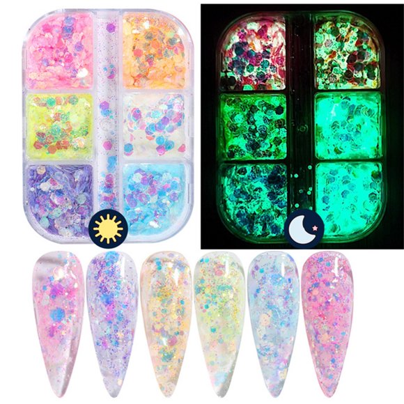 Xihbxyly Polvos para Uñas, Purpurina Luminosa Que Brilla En La Oscuridad, Efectos de Color Holográficos Neón, Textura Suave de Resina Sintética, Decoración de Uñas, Regalo para Ella, Diseño de Frasco