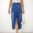 thumbnail image 2 of Women's High Waist Denim Midi Skirt with Front Slit Detail and Faded Wash Finish - Medium, Blue, 2 of 7