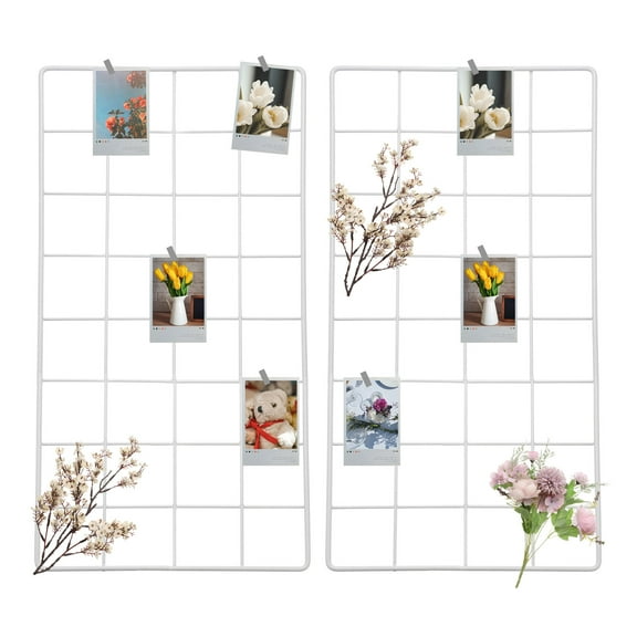 Uxcell 2 Pcs Wire Wall Grid Panel 16" x 8" Metal Photo Hanging Display Grid Shelf with Hook for Art Display Frame White