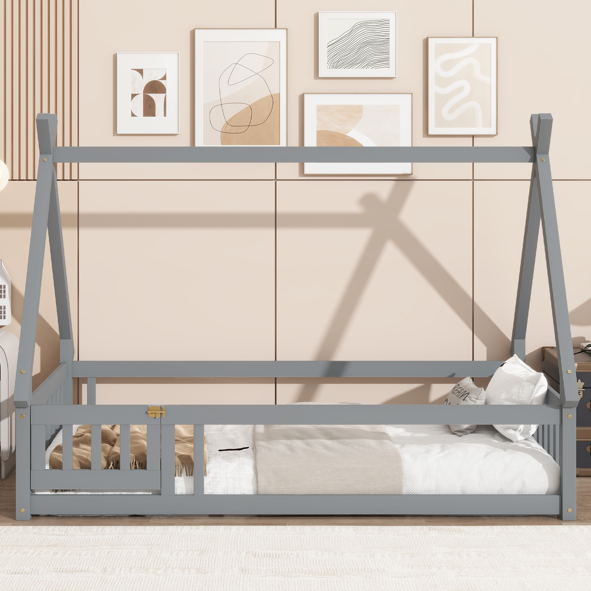 Miniyam Twin Floor Bed for Kids with House Frame, Guardrails and Lockable Door, Gray