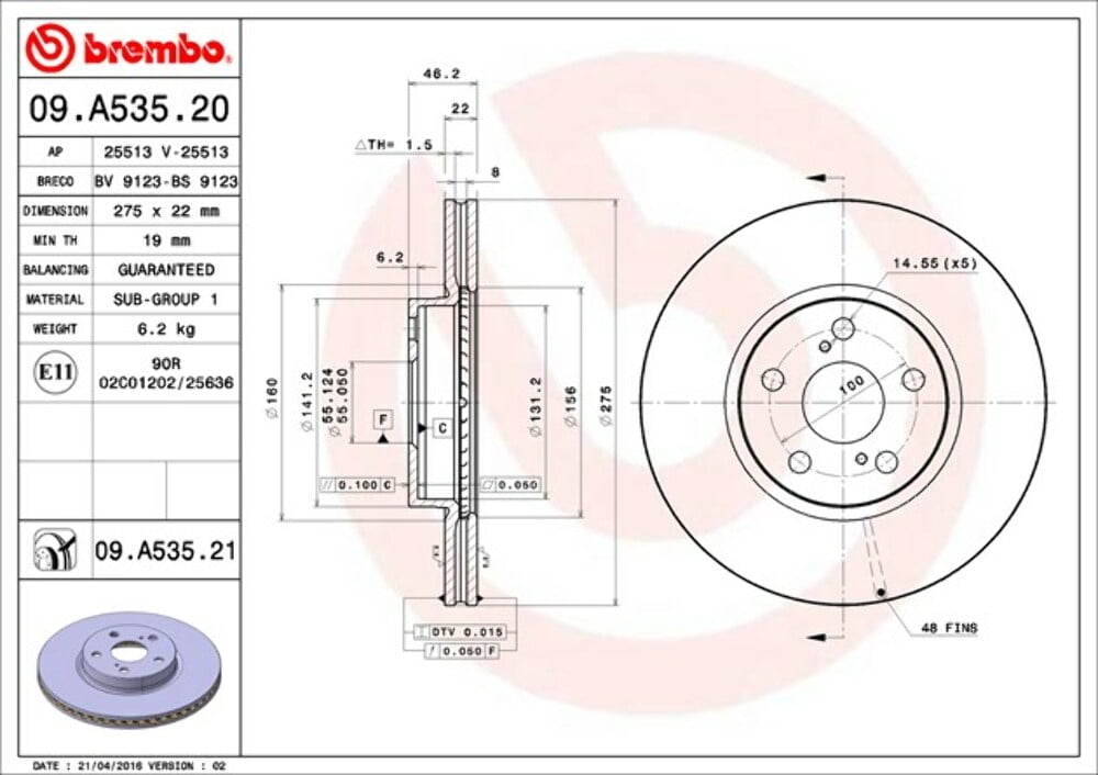 Brembo 09.A535.21 Premium UV Coated OE Equivalent Rotor