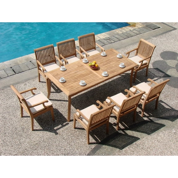 Teak Dining Set:8 Seater 9 Pc - 83" Fixed Rectangle Table And 8 Sack Arm Chairs Outdoor Patio Grade-A Teak Wood WholesaleTeak #WMDSSK7