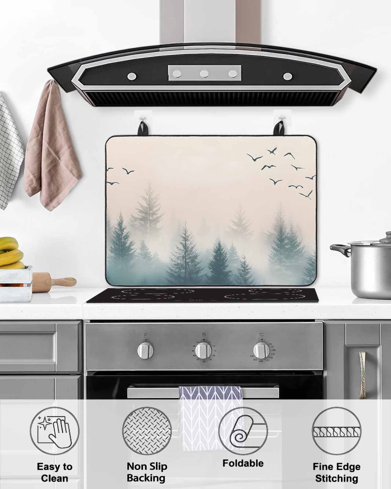 nqOlkjepod Large Induction Cooktop Protector Mat 36"x21", Foggy Forest Stove Top Covers for Electric Stove, Watercolor Pine Trees Natural Landscape Stove Burner Cover Mats, Glass Top Stove Cover