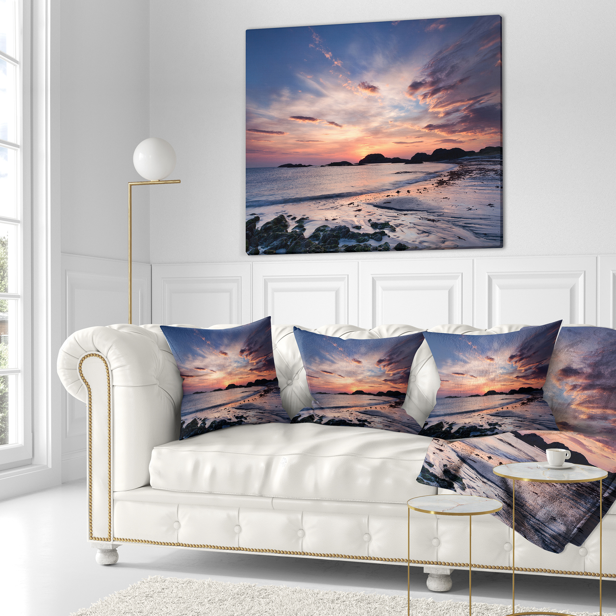 Designart Dramatic Sky at Sunset on Isle of Iona - Seashore Throw Pillow - 18x18