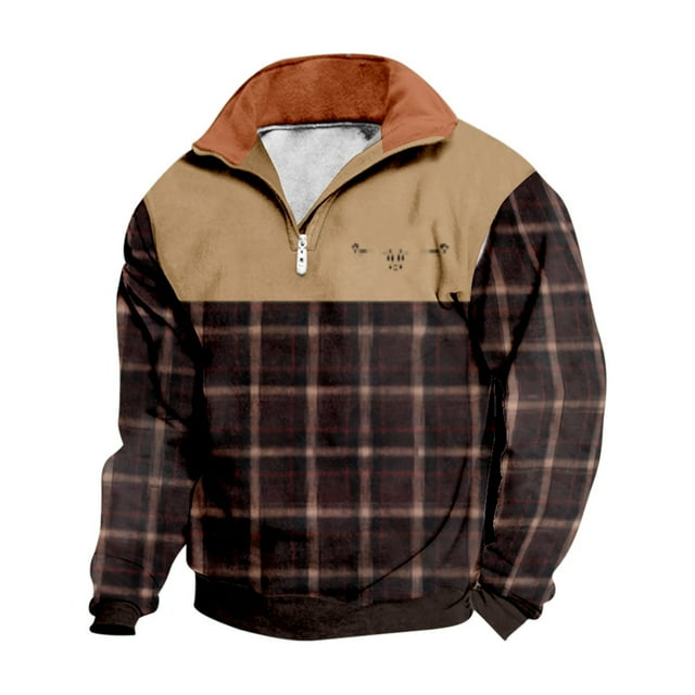 2DXuixsh Chandails à Capuchon pour Hommes Chandail Décontracté Imprimé Manches Longues Col Montant Chandail en Molleton Ample Loisirs Confortables Col Rond Tops Marron Taille G