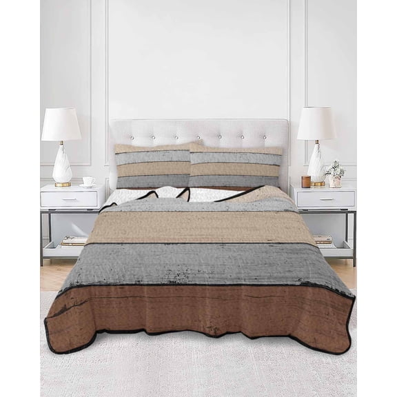 Quilts Full Size, Brown Wooden Soft Comforter Bedding Set for Bed, Grey Stripe Gradient Country Rustic Grain Lightweight Quilted Bedspread with Pillow Cover(2 Pieces) for All Season, 78x90 Inch