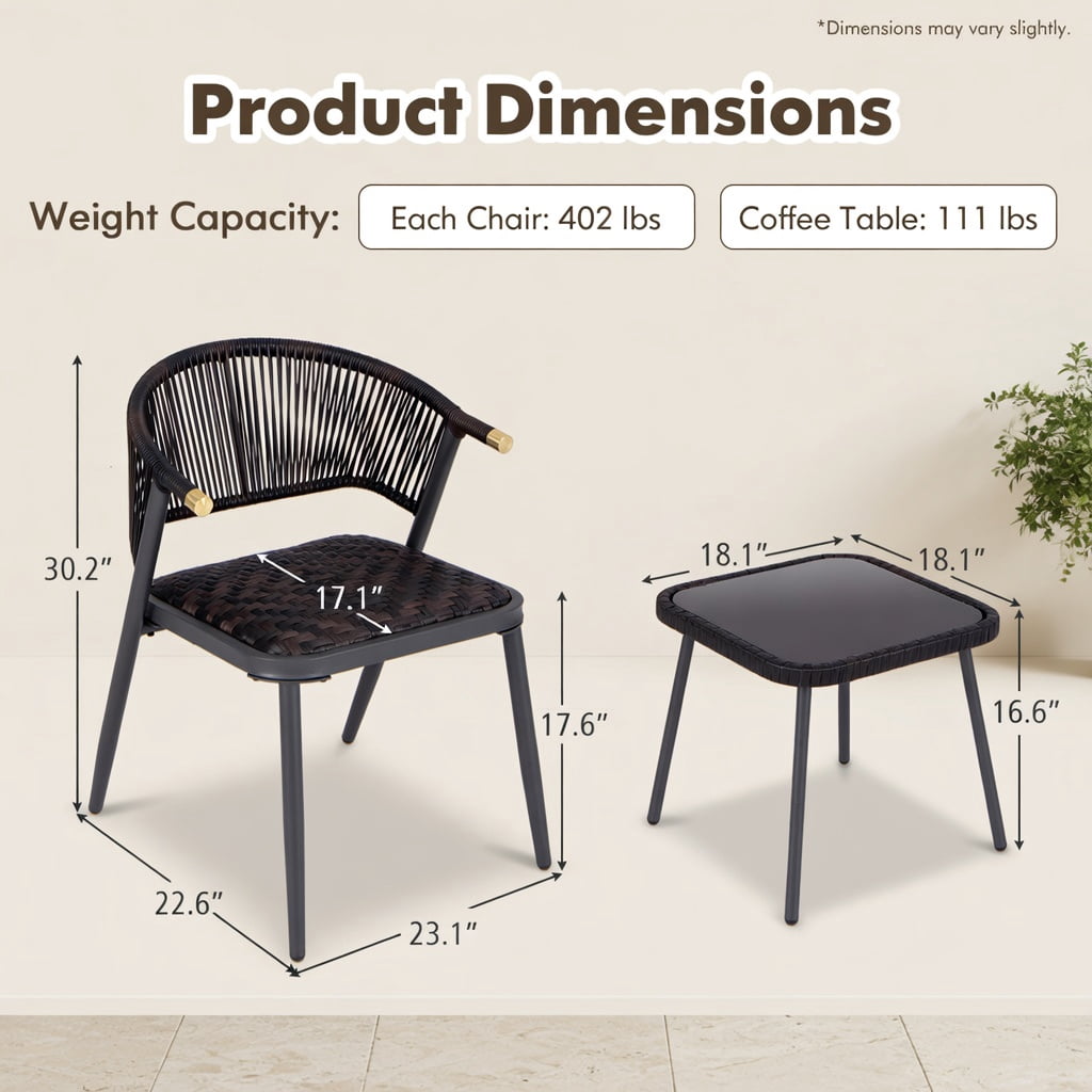 Hommoo 3-Piece Outdoor Rattan Patio Furniture Set, PE Wicker Chairs with Metal Frame & Tempered Glass Coffee Table for Backyard, Poolside, Balcony, Brown