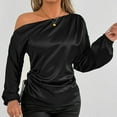 thumbnail image 2 of Aboser Womens Off Shoulder Shirts Trendy Silky Satin Shirt Ruched Long Sleeve Blouses Dressy Casual Party Club Blouse Loose Fits Semi Formal Tops Black S, 2 of 6
